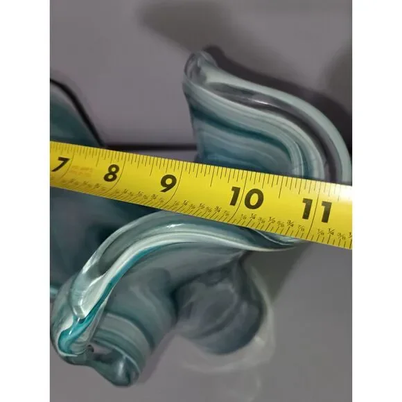 MURANO, Italy-Large, thick glass vase, ocean blue/white swirl colors ruffled top